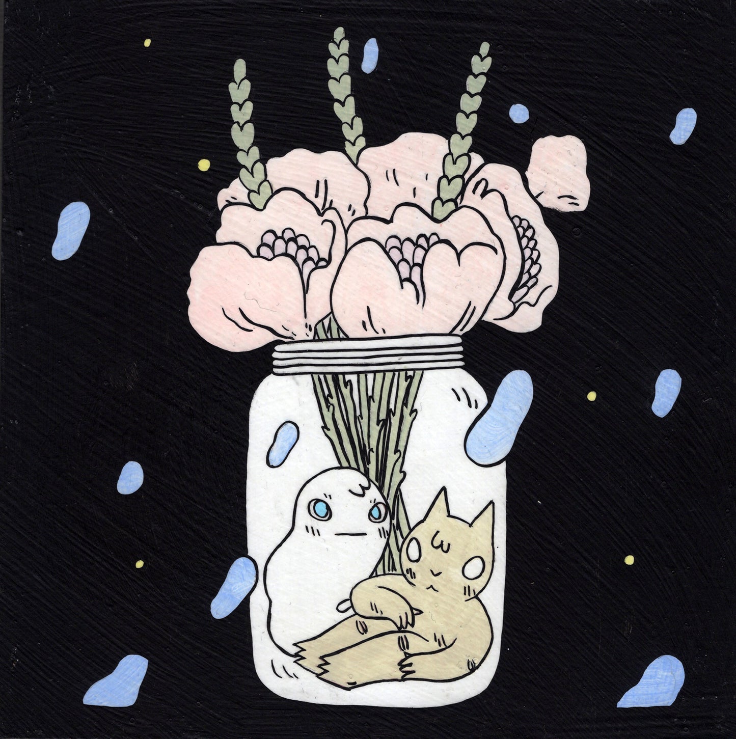 Deth P. Sun - Cat in Mason Jar with Ghost and Flowers