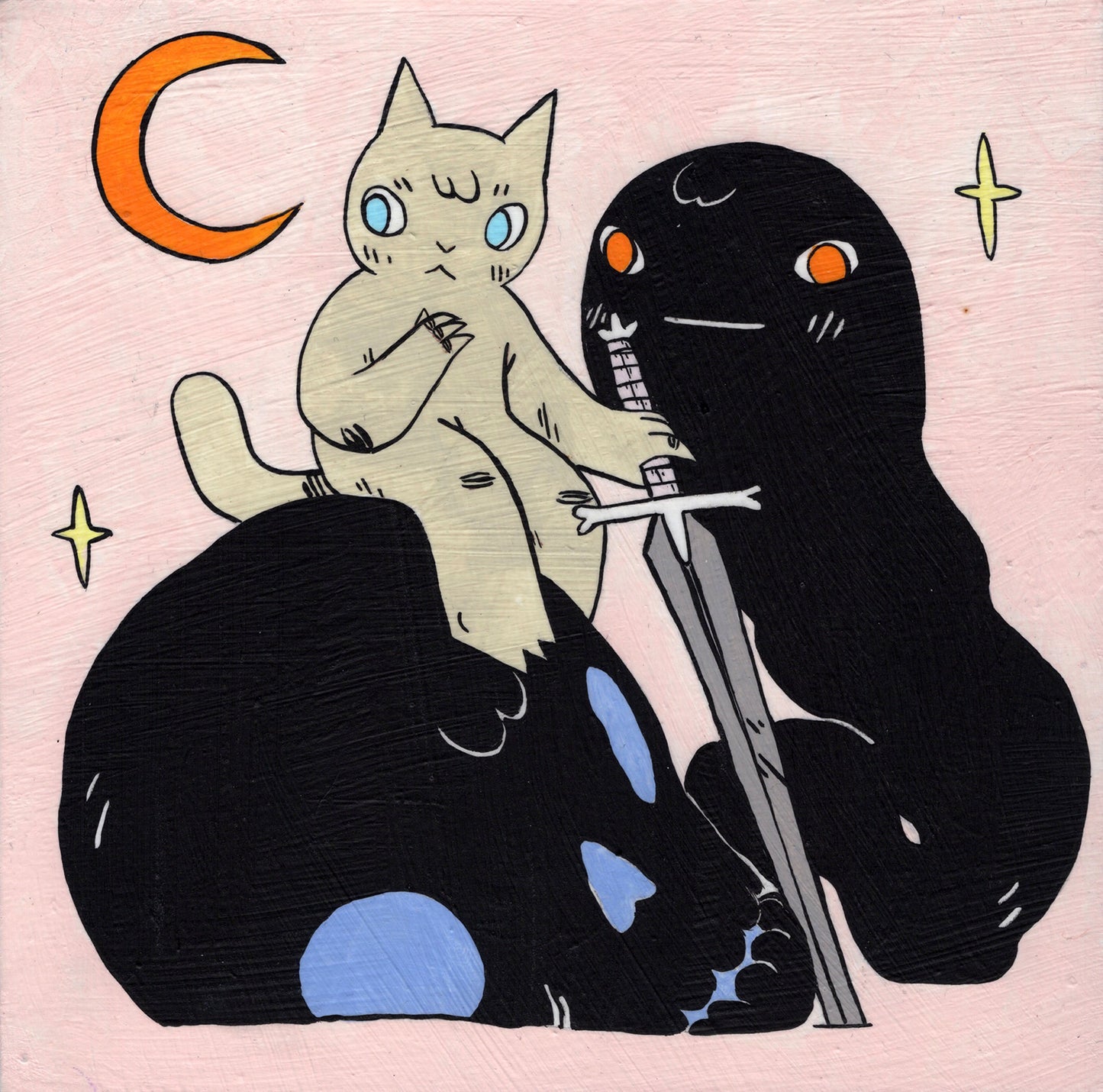 Deth P. Sun - Cat Sitting on Giant Cat Skull with Sword and Ghost